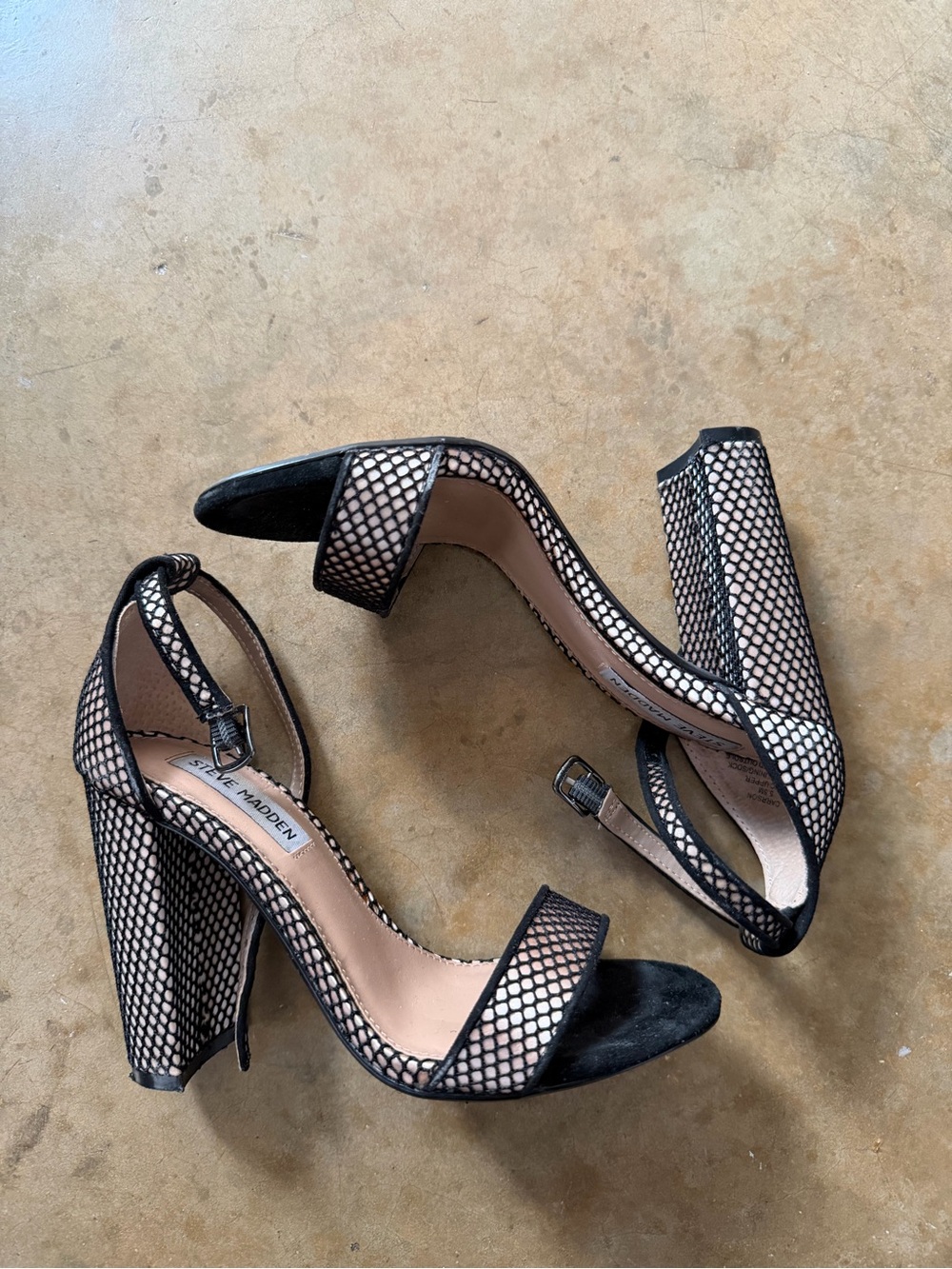Steve Madden Black Mesh Block Heel Sandals with Nude Underlay